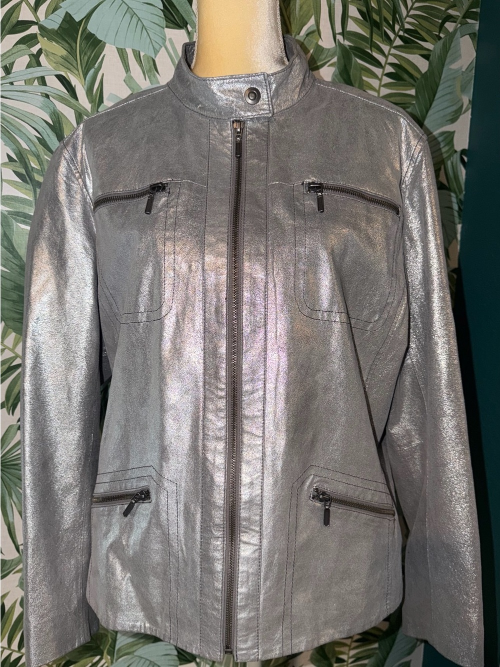 Chico's Lavish Luster Metallic Silver Genuine Leather Jacket 3